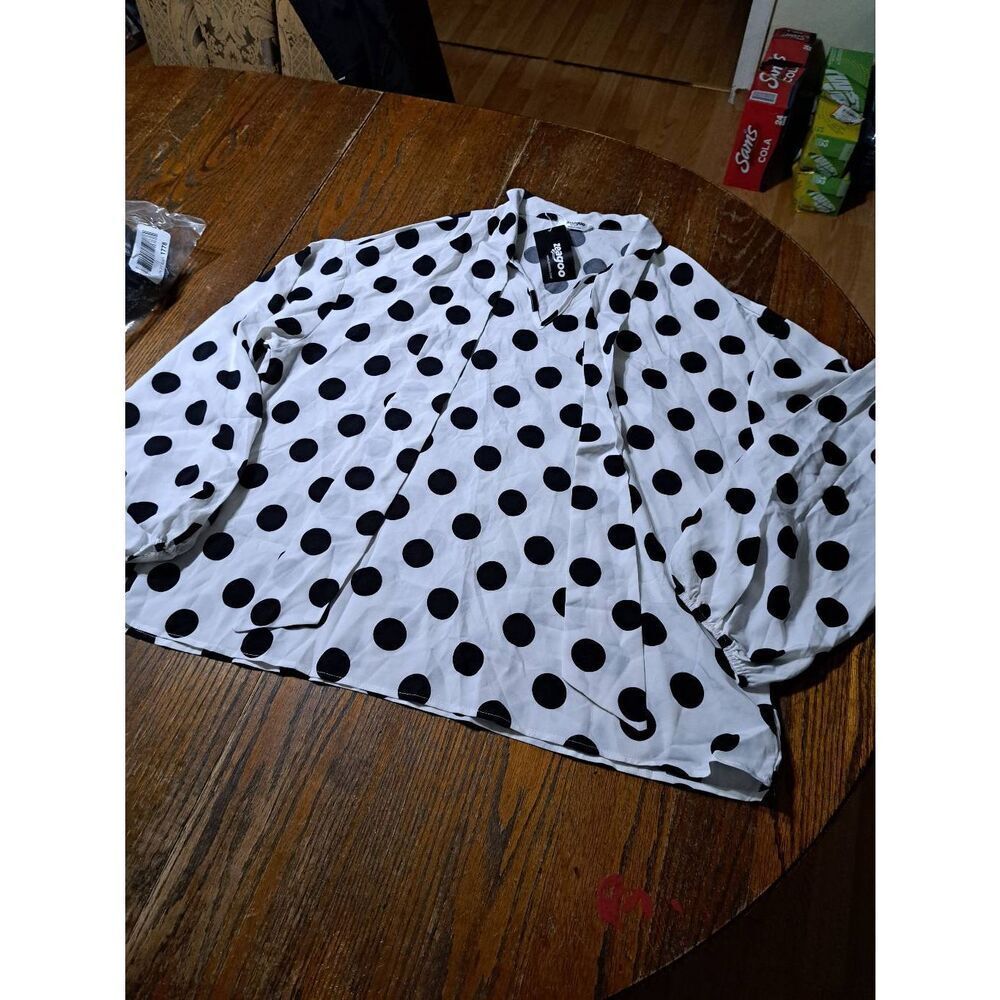 New XXL Zeagoo Long Sleeve White Black Dots Neck Bow Tie Blouse Shirt Top NWT